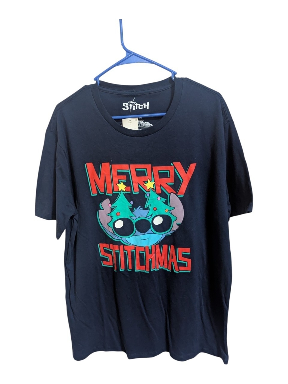 Disney Women's Graphic T Shirt XL Stitch "Merry Stitchmas" Navy Blue Relaxed Fit